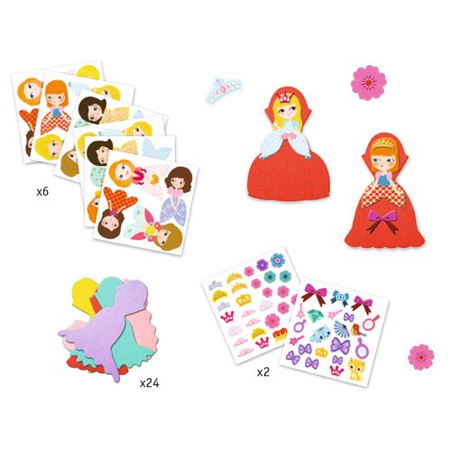 Onderdelen van de Djeco knutselset creëren met stickers prinsessen, met vellen gezichtsstickers, viltvormen en decoratiestickers, naast twee gemaakte prinsessenfiguren.