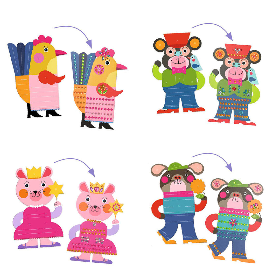 Demonstratie van de knutselset met vier dierenfiguren die laten zien hoe stickers worden aangebracht.