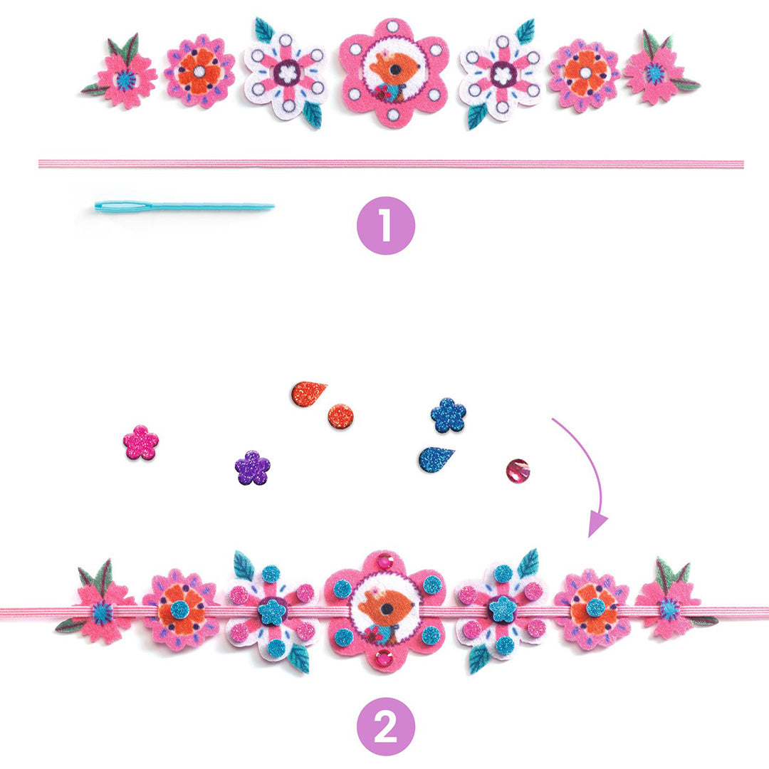 Infographic met twee stappen voor het maken van een vilten armbandje met bloemen.
