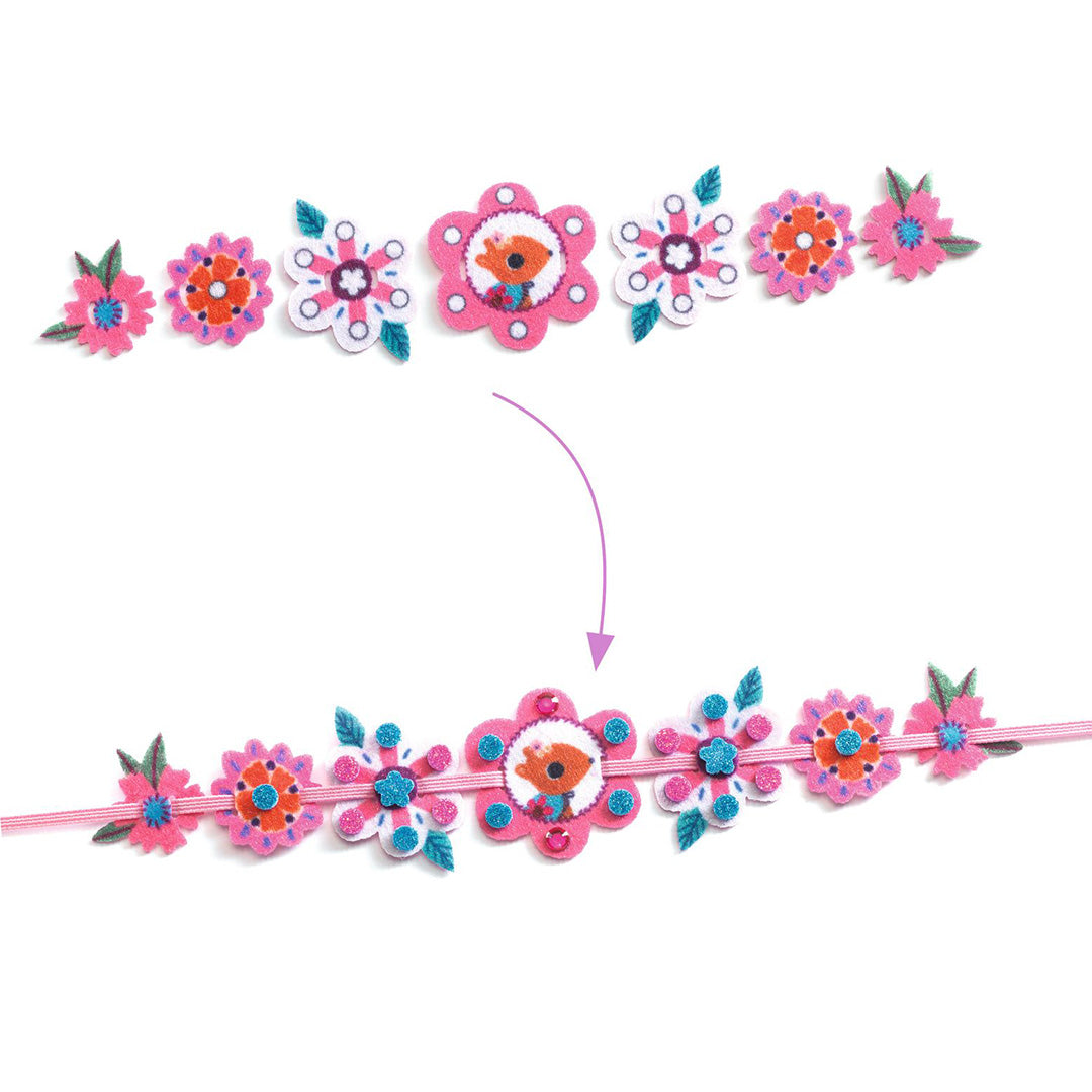 Infographic die toont hoe vilten bloemstukjes aan een armbandje worden bevestigd.