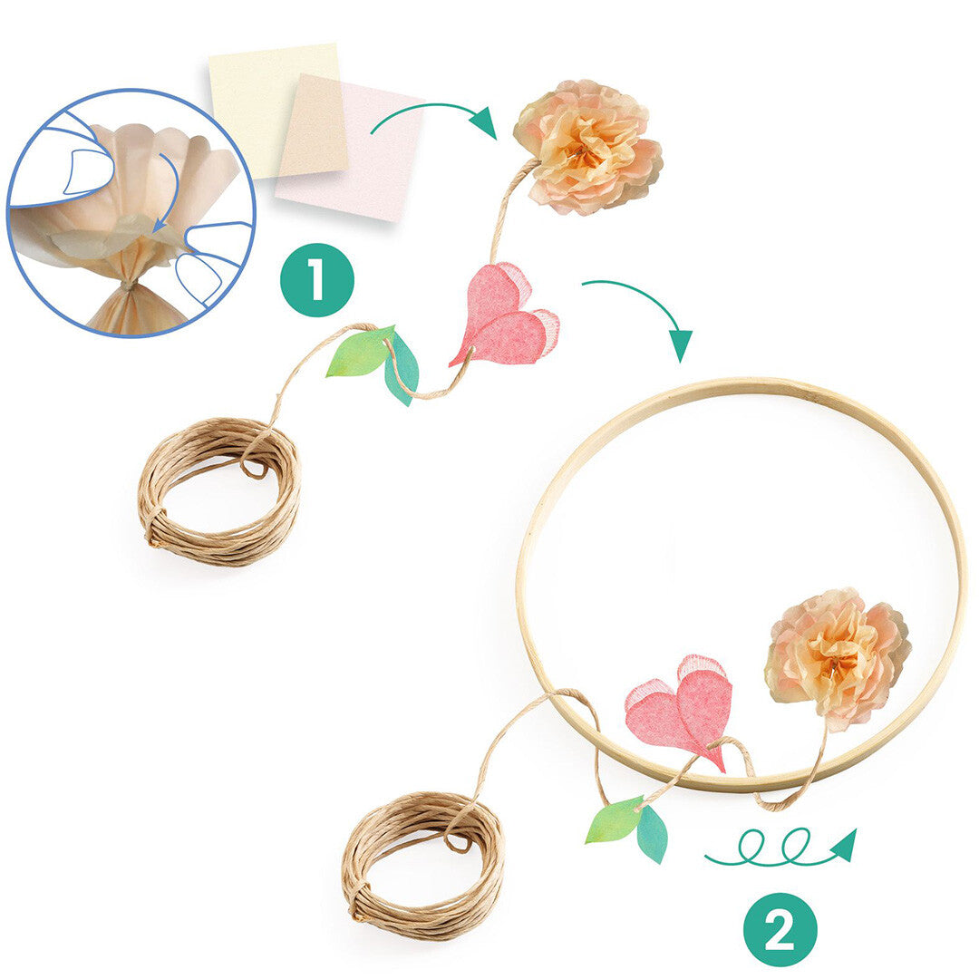 Infographic met instructies voor het maken van de bloemen en het bevestigen ervan aan de houten ring van de bloemenkrans.
