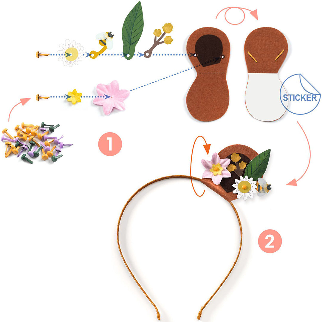 Infographic met stap-voor-stap instructies voor het in elkaar zetten van de diadeem met bloemen en oren.