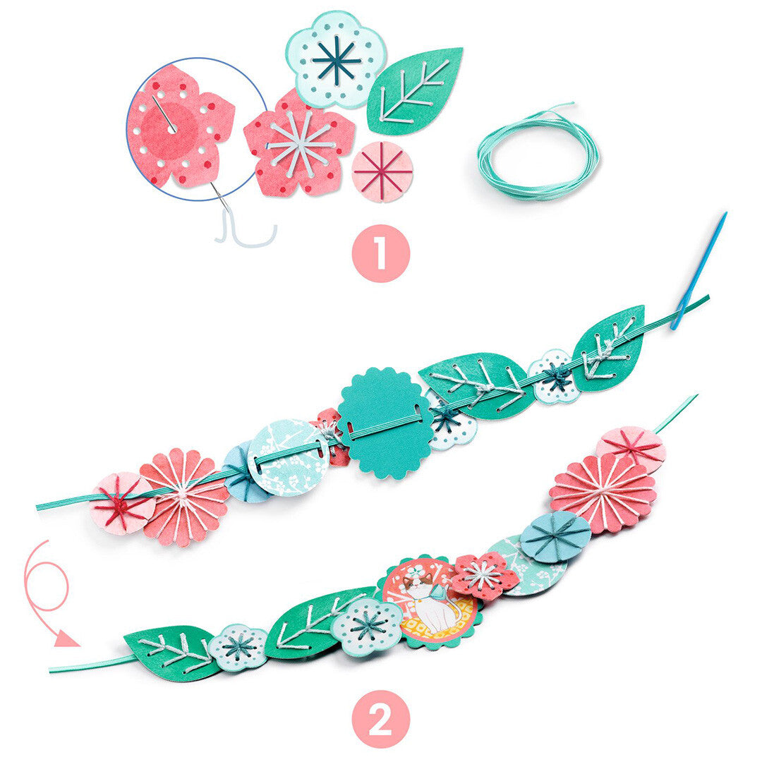 Infographic met stap-voor-stap instructies voor het maken van de bloemenketting van de knutselset Flora.