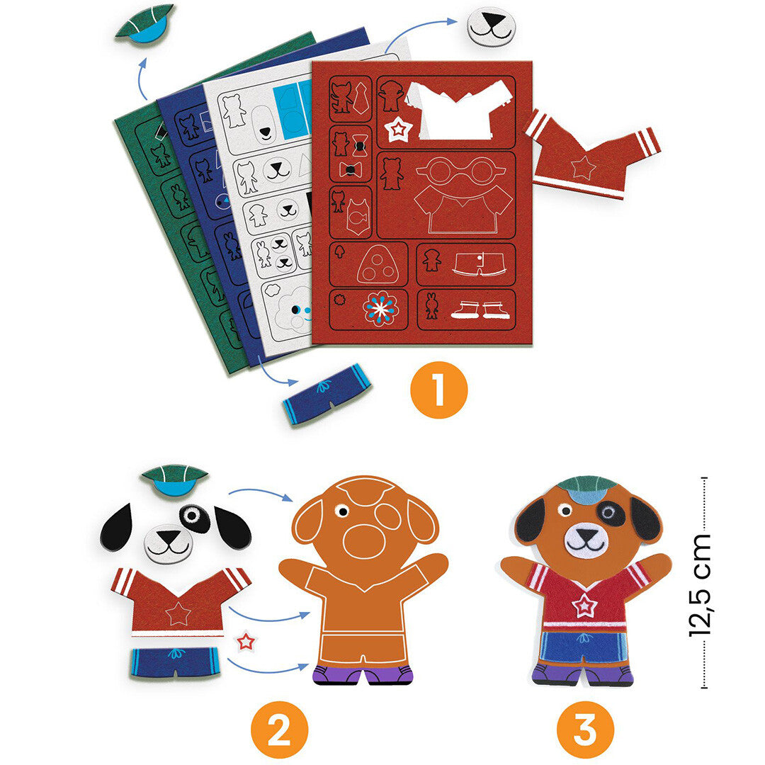 Demonstratie van de Djeco knutselset DIY magneten maken, met vellen viltstickers en stappen om een hondenmagneet te versieren.
