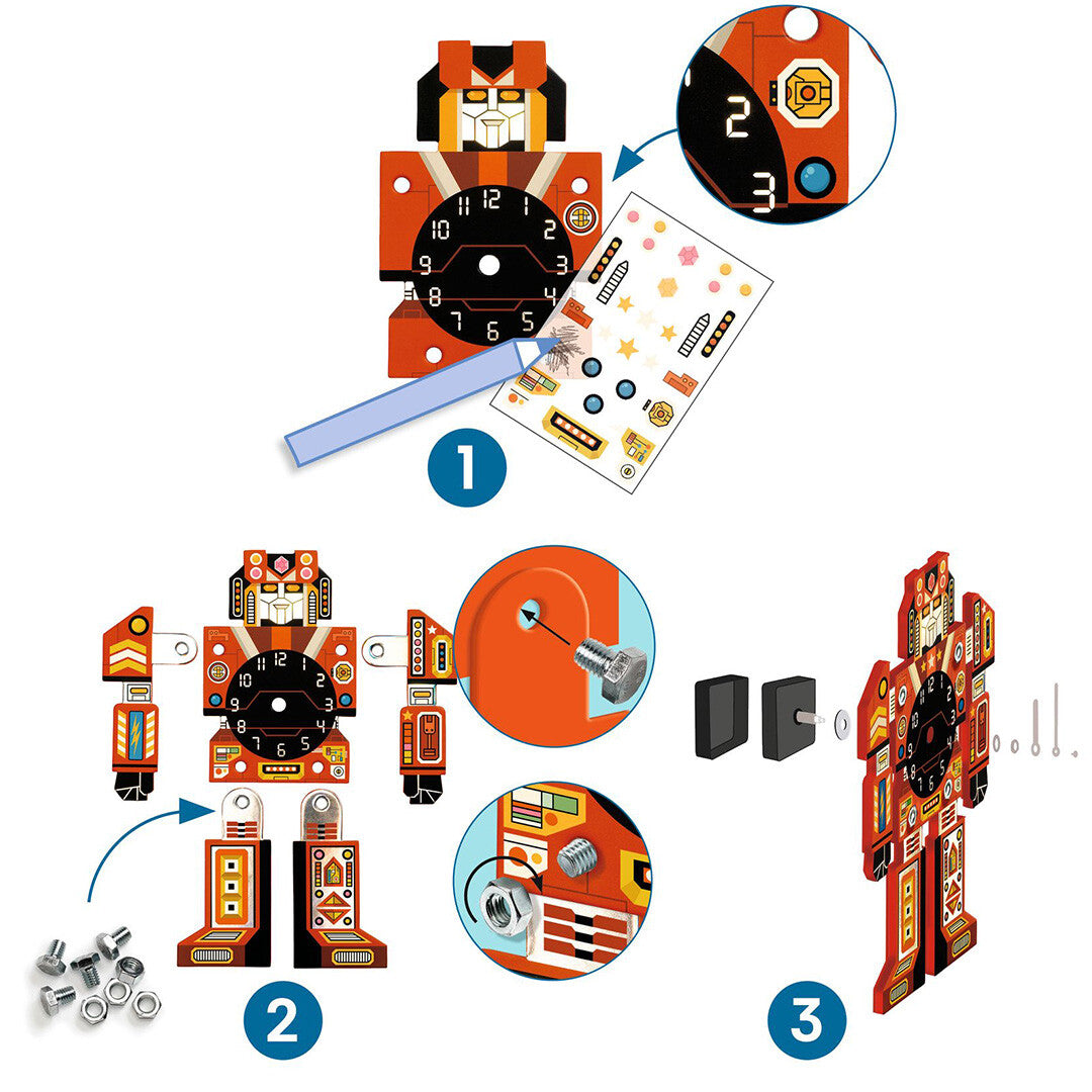 Infographic met de stappen voor het in elkaar zetten van de Djeco robotklok.