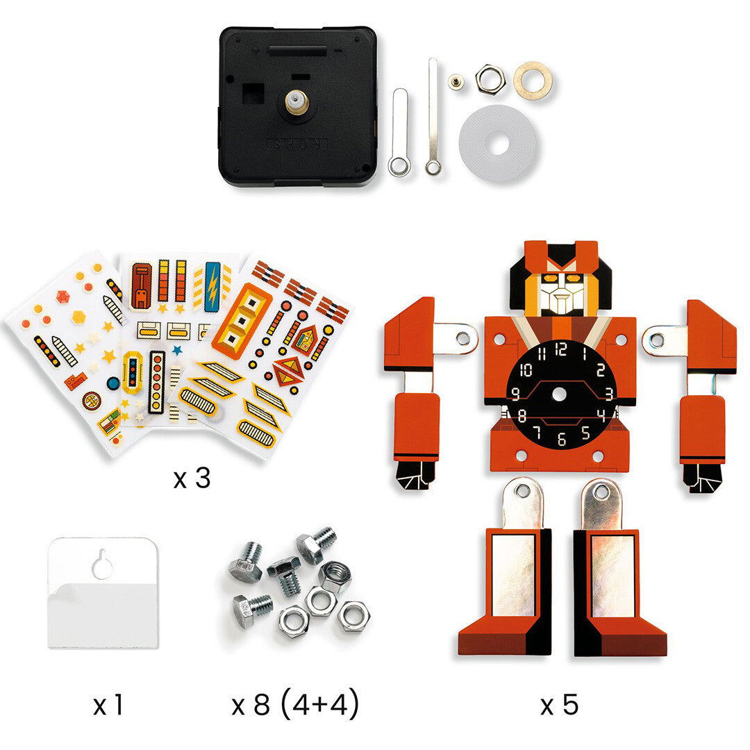 Alle losse onderdelen van de knutselset voor de robotklok.