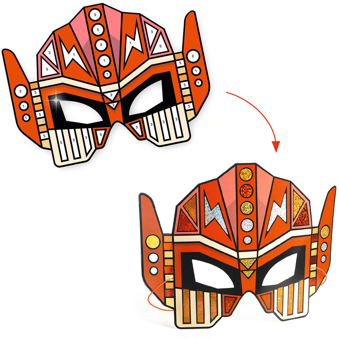 Demonstratie van het aanbrengen van metallic folie op een Djeco robotmasker, met een voor- en na-weergave.