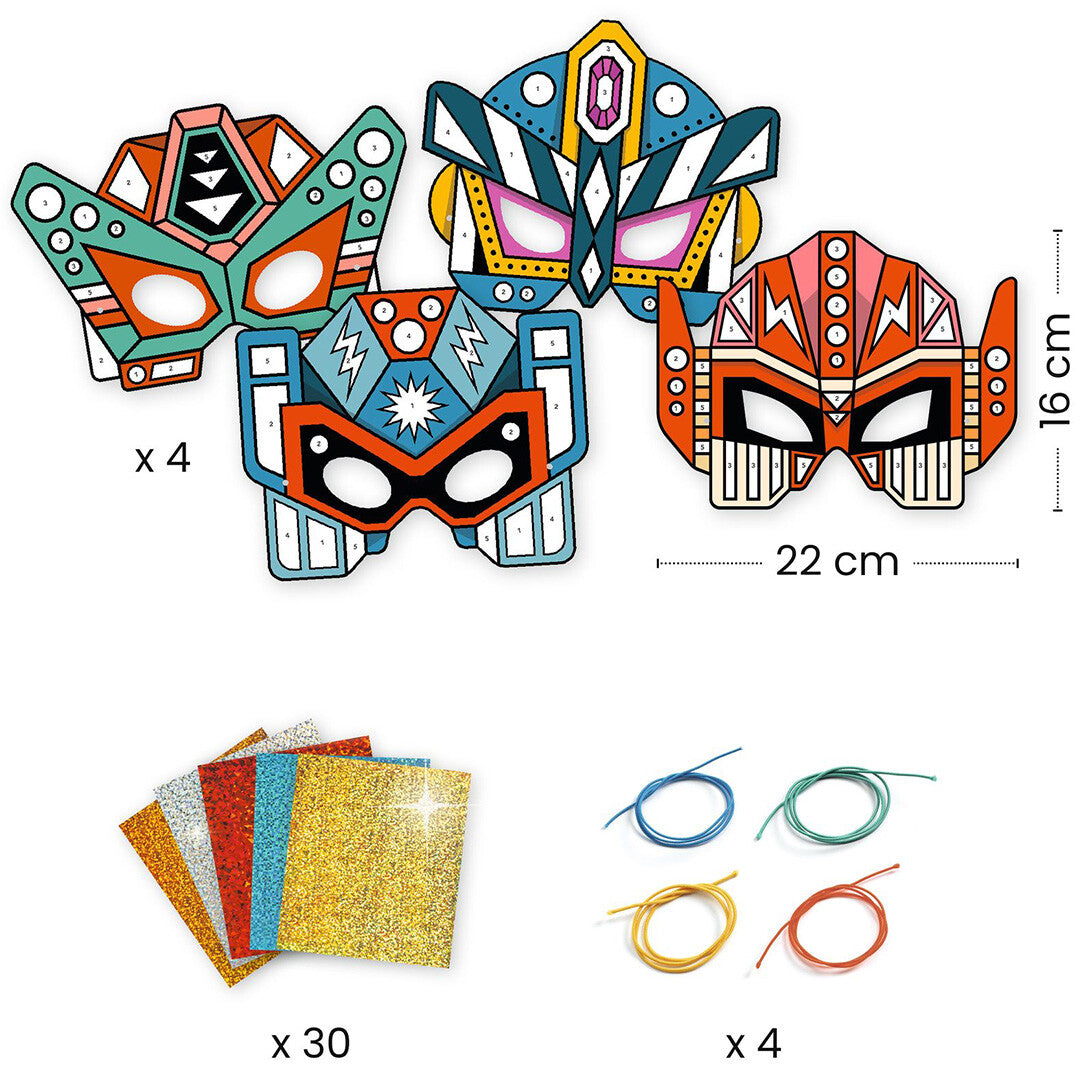 Infographic van de Djeco knutselset met vier robotmasker templates, metallic folie en elastische koorden, inclusief afmetingen.