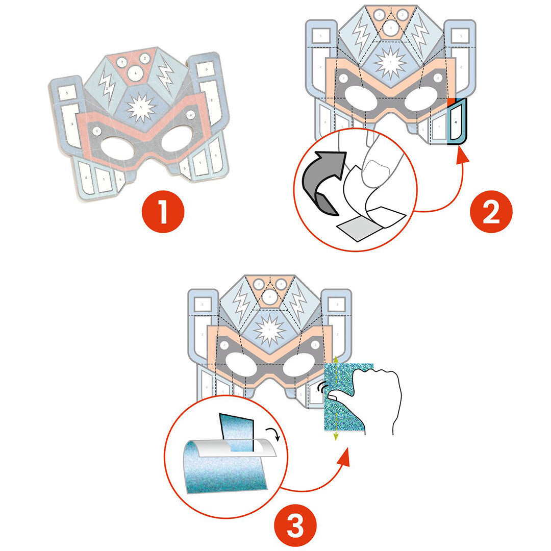 Infographic met drie stappen die laten zien hoe de metallic folie op een Djeco robotmasker wordt aangebracht.