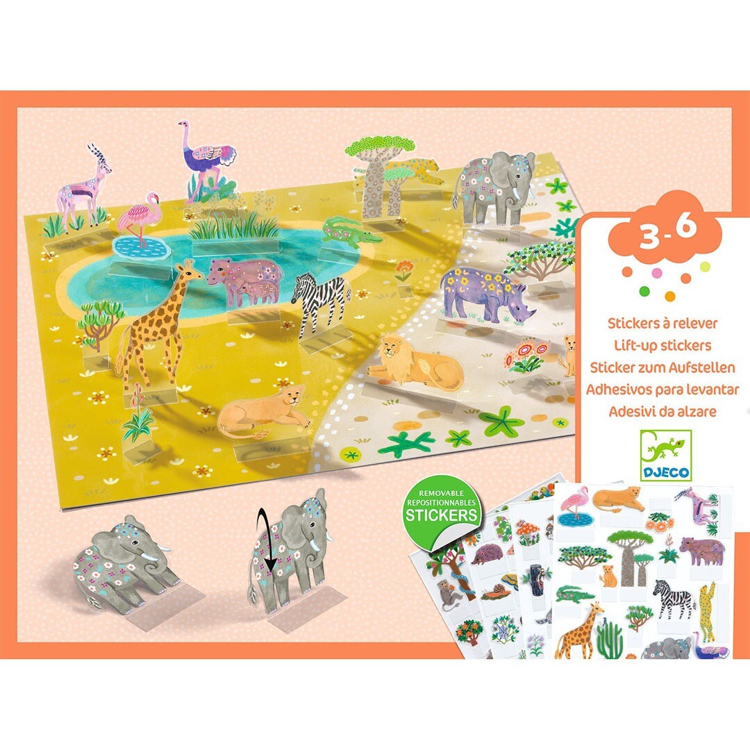 Djeco knutselset met herbruikbare 3D stickers van savannedieren op een speelbord, met losse stickervellen en instructies.