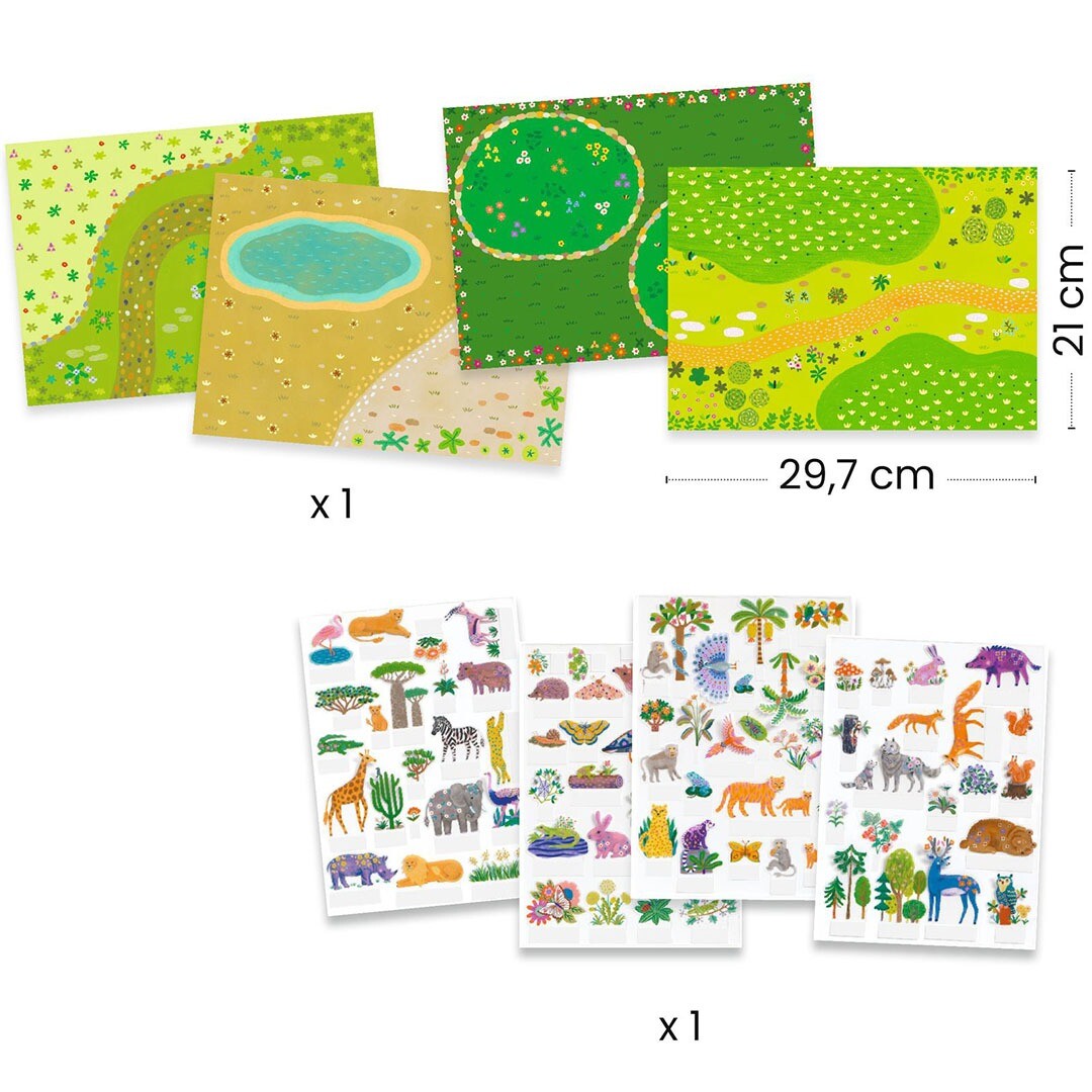 Infographic van de Djeco knutselset met afmetingen van de speelborden en de verschillende vellen met herbruikbare 3D stickers.