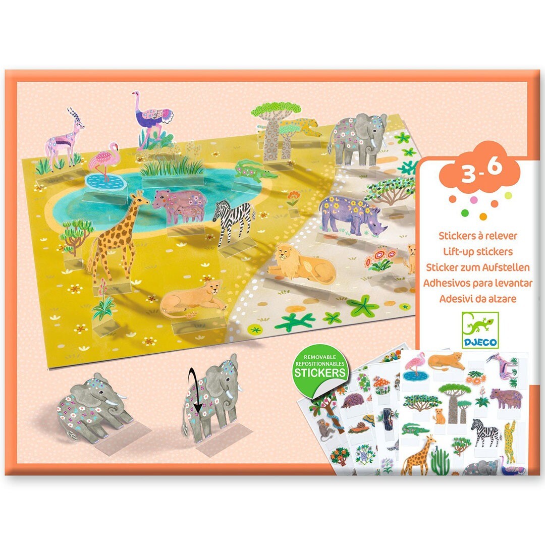 Djeco knutselset met herbruikbare 3D stickers van savannedieren op een speelbord, met losse stickervellen en instructies.