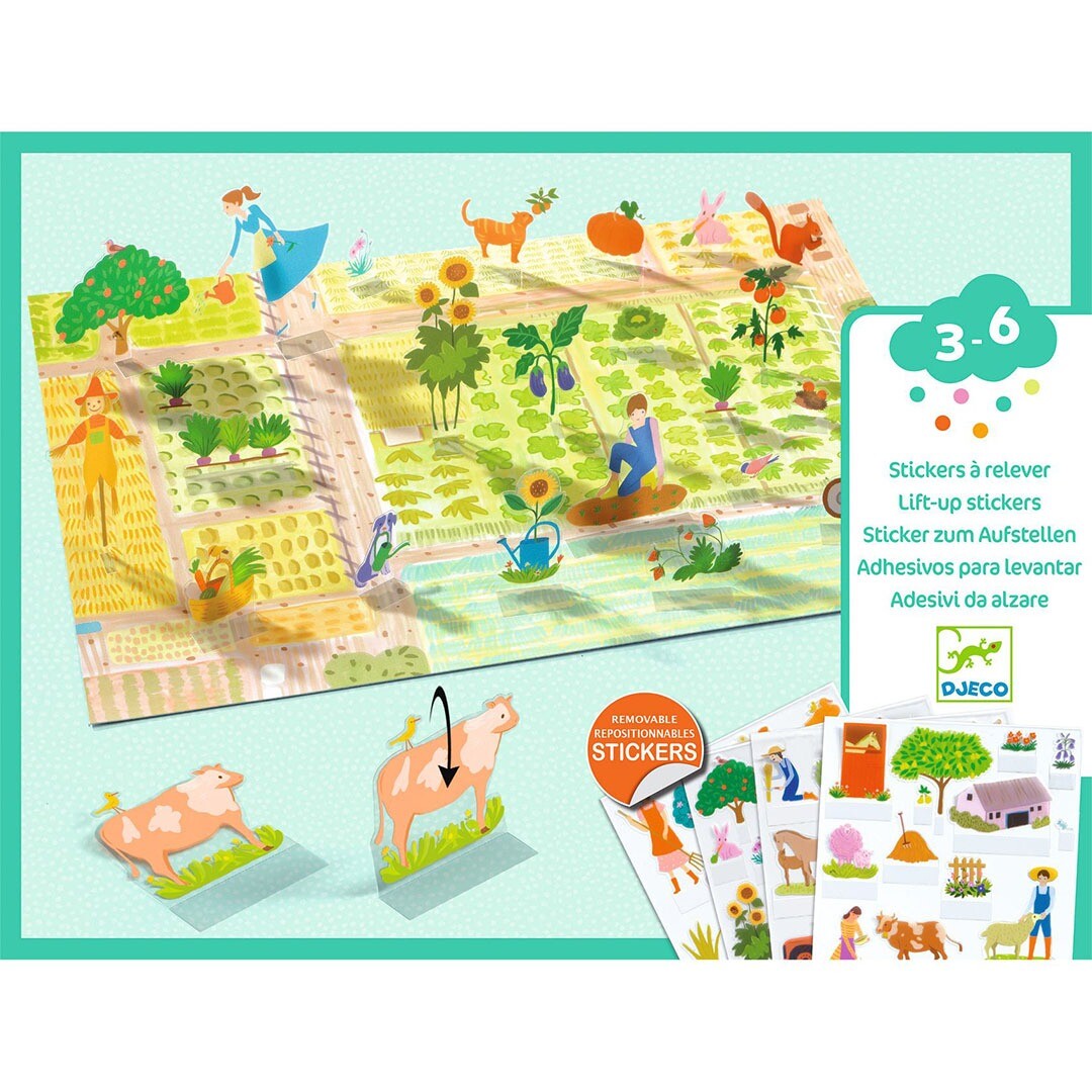 Djeco knutselset met herbruikbare 3D stickers toont een boerderij speelmat met opstaande dieren en planten stickers, en een stickervel.