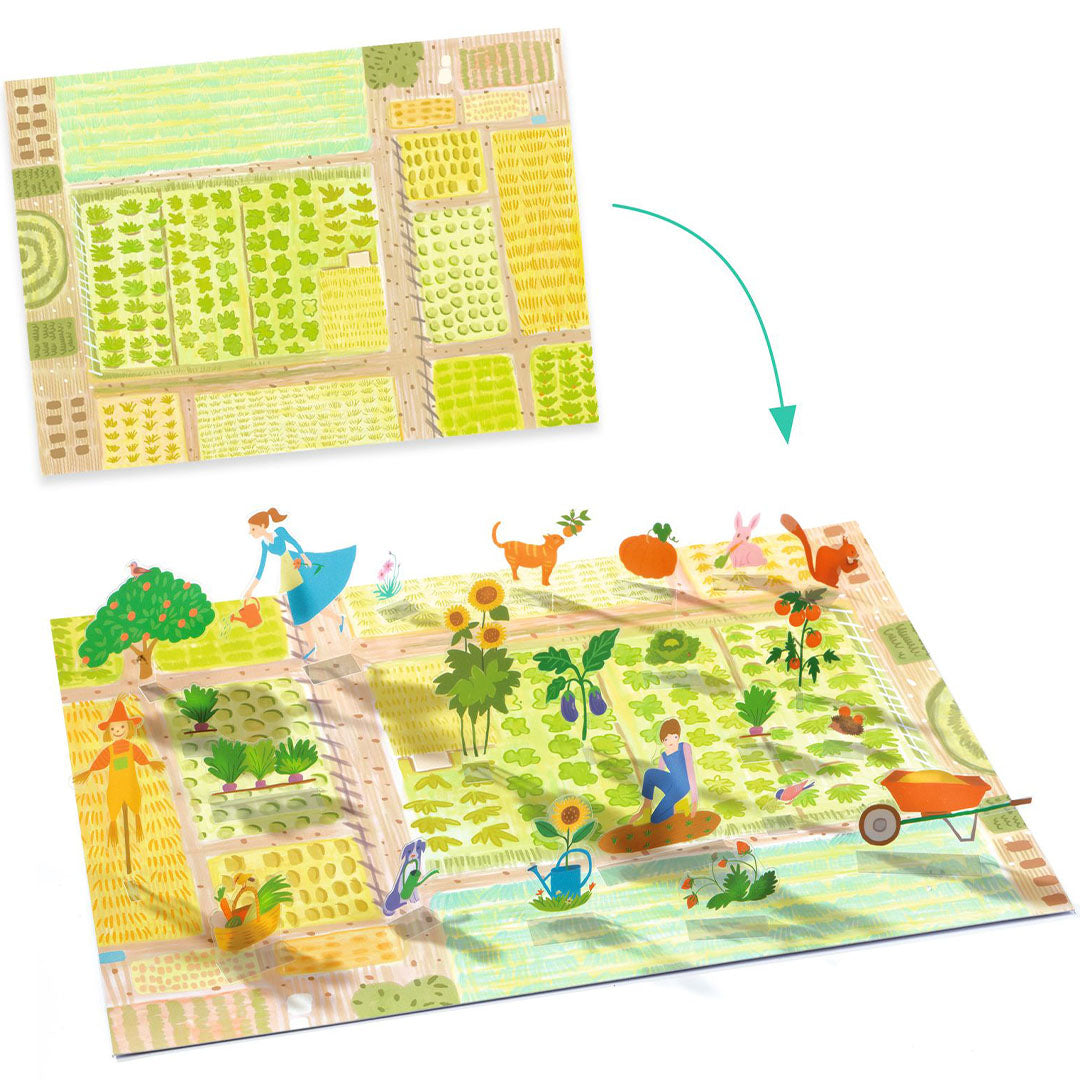 Djeco knutselset met herbruikbare 3D stickers toont een boerderij speelmat met opstaande dieren en planten stickers, en een pijl die de 3D-functie aangeeft.