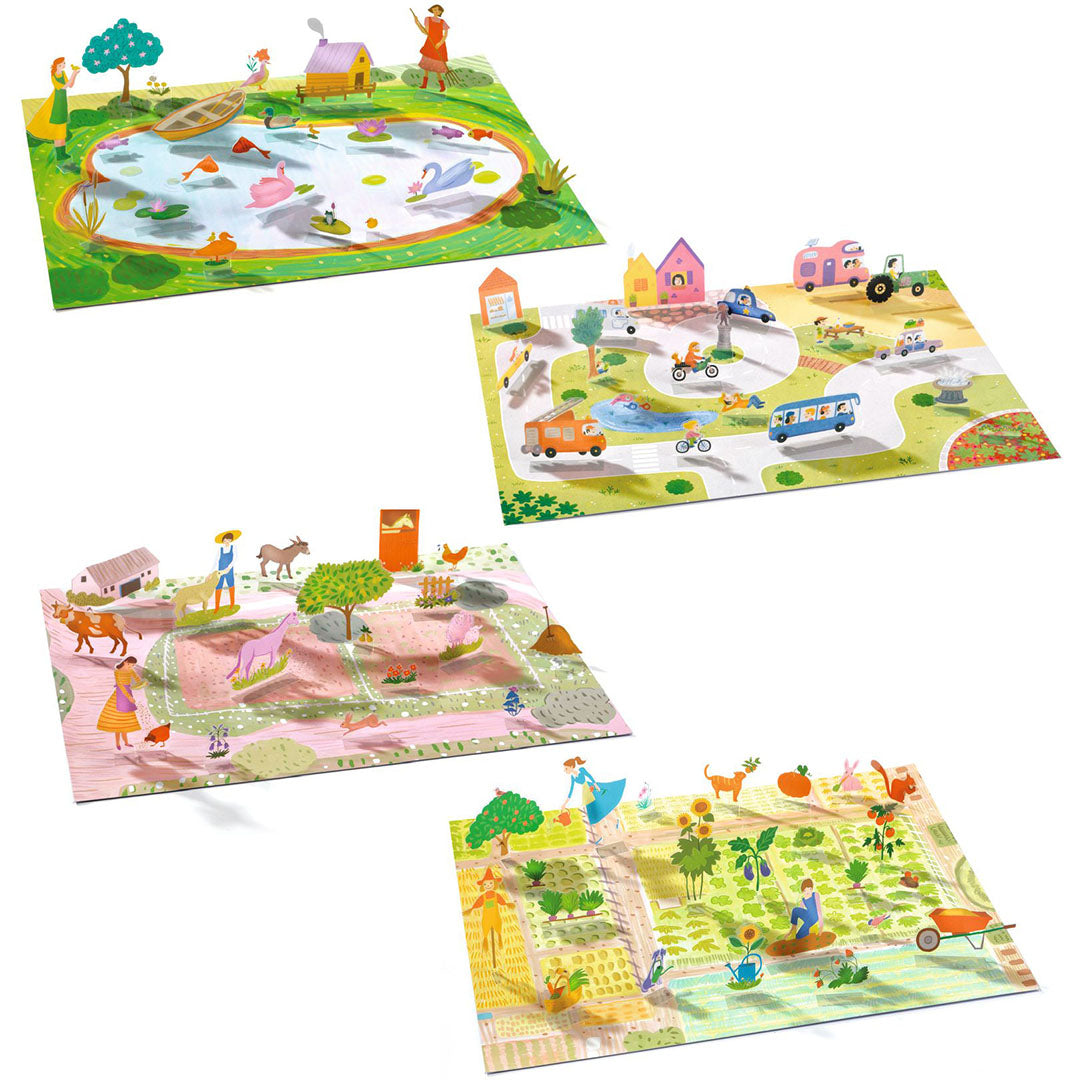 Vier verschillende speelmatten van de Djeco knutselset met herbruikbare 3D stickers, waaronder een boerderij, een vijver en een weg.