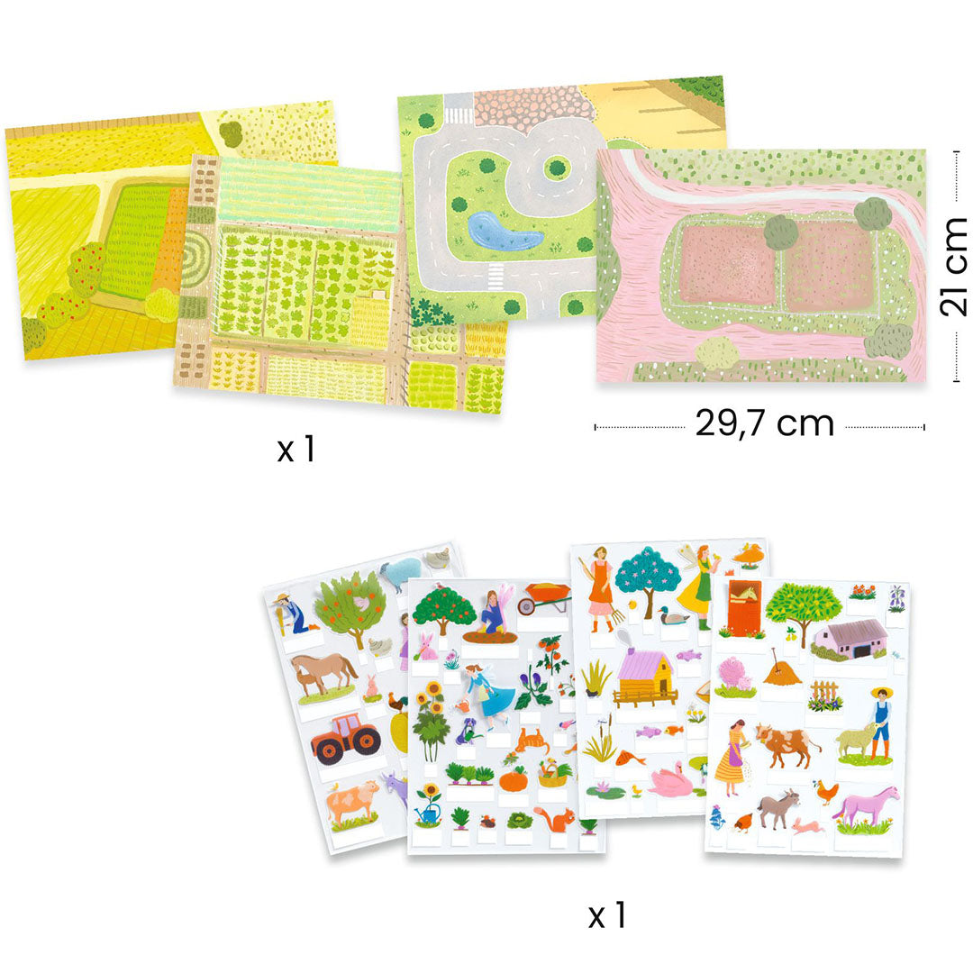 Infographic van de Djeco knutselset met herbruikbare 3D stickers toont twee speelmatten met afmetingen en drie vellen met diverse stickers.