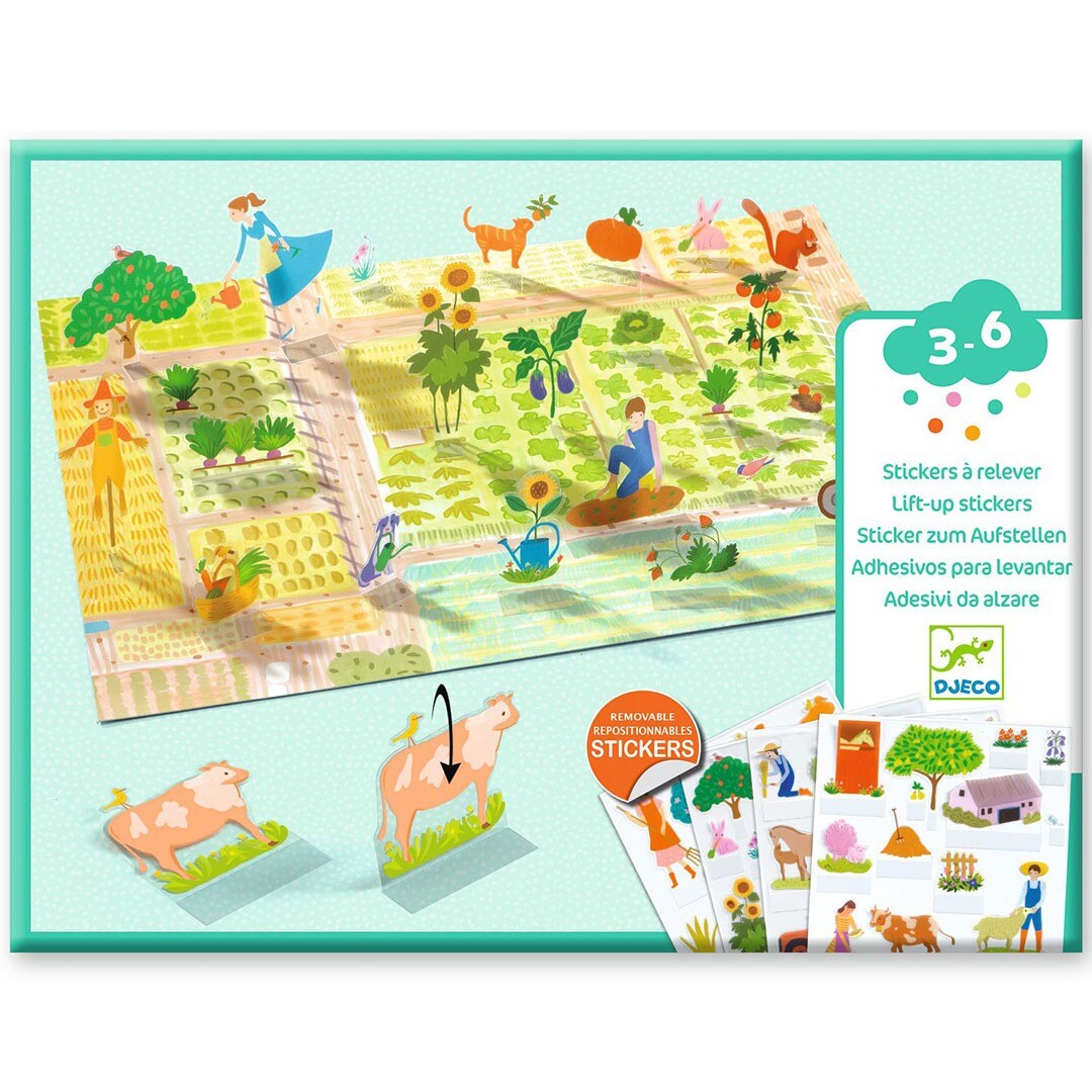 Djeco knutselset met herbruikbare 3D stickers toont een boerderij speelmat met opstaande dieren en planten stickers, en een stickervel.
