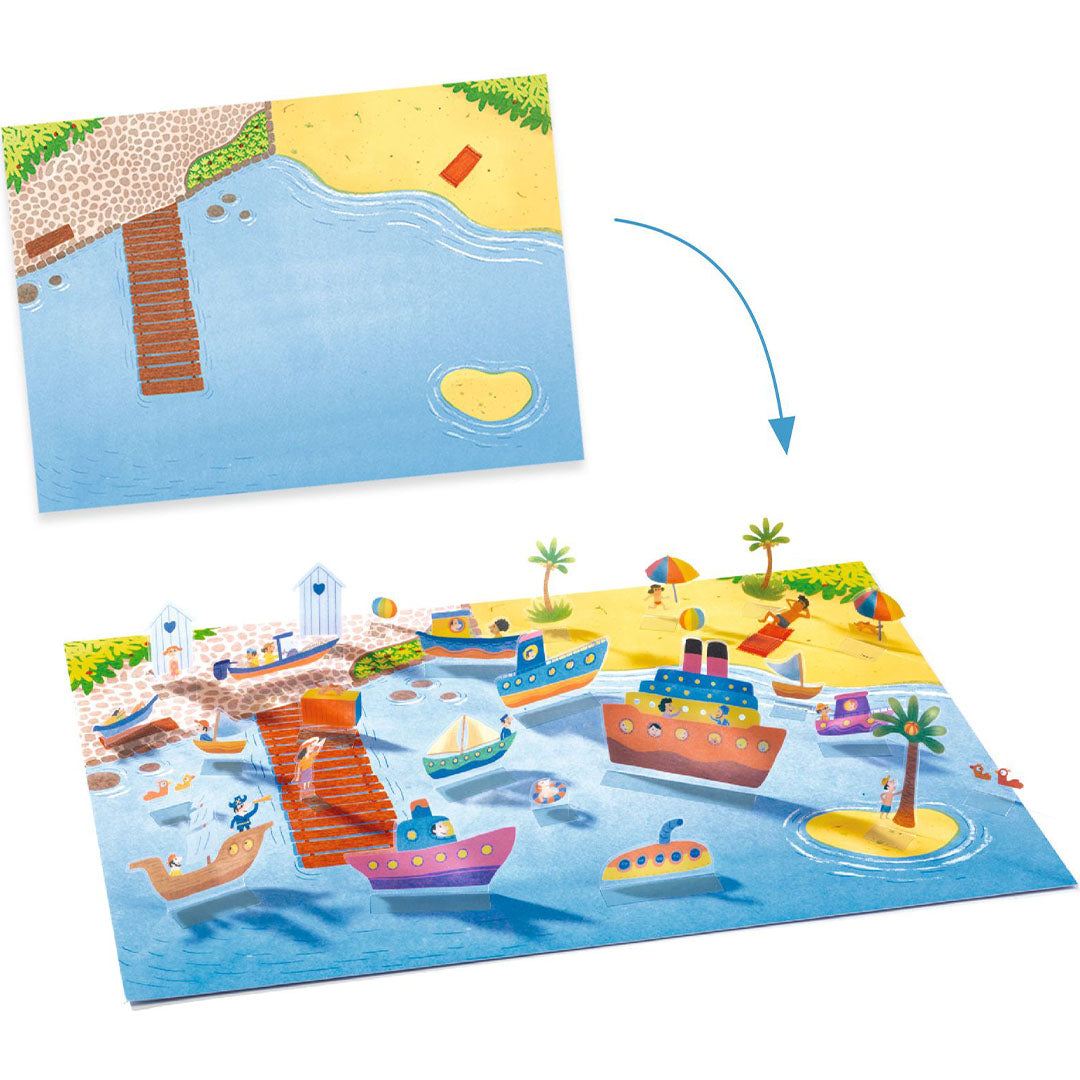 Djeco knutselset met herbruikbare 3D stickers van een haven- en strandtafereel met boten en mensen.