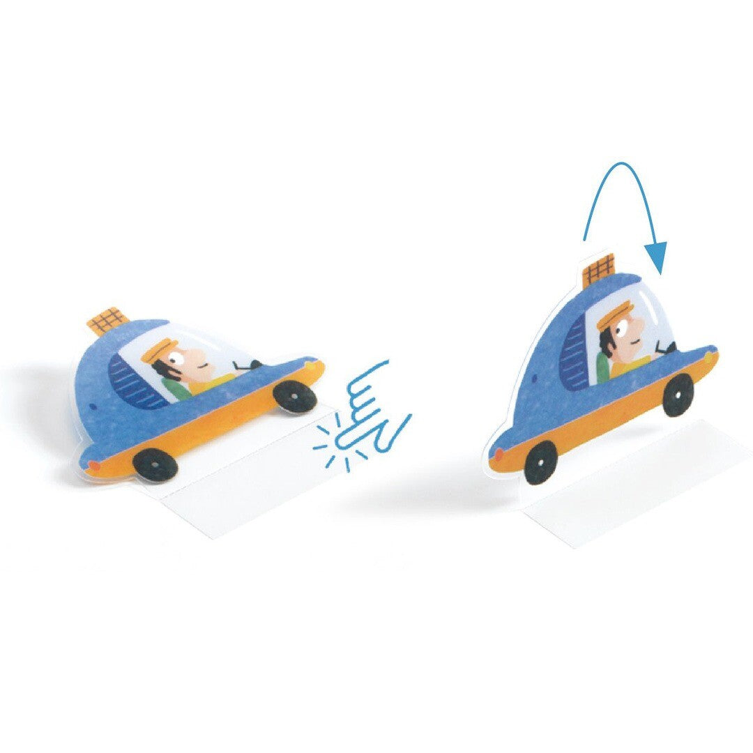 Detailfoto van een Djeco herbruikbare 3D sticker van een blauwe auto die van de ondergrond wordt opgetild.