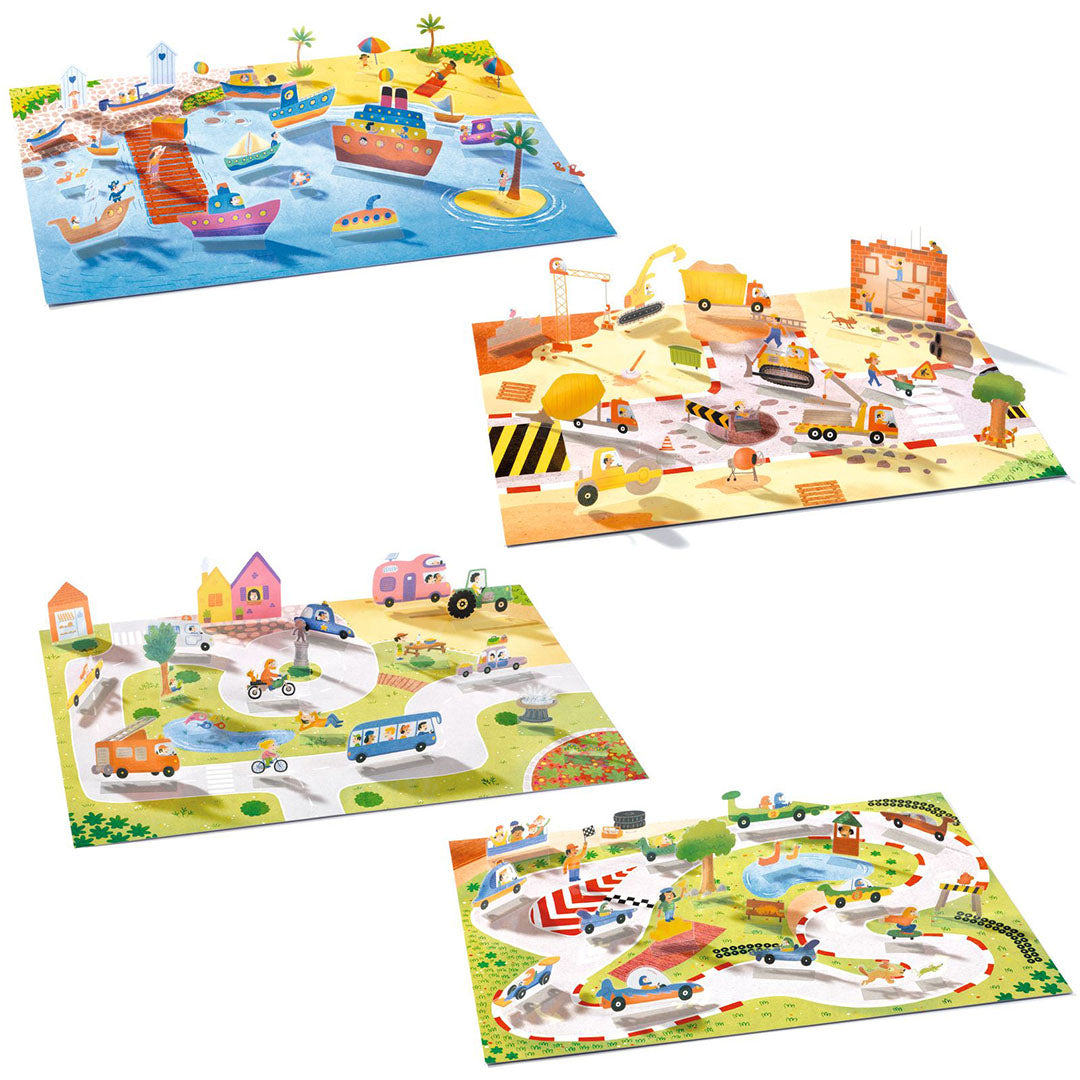 Overzicht van vier Djeco speelmatten met herbruikbare 3D stickers van voertuigen in verschillende thema's.