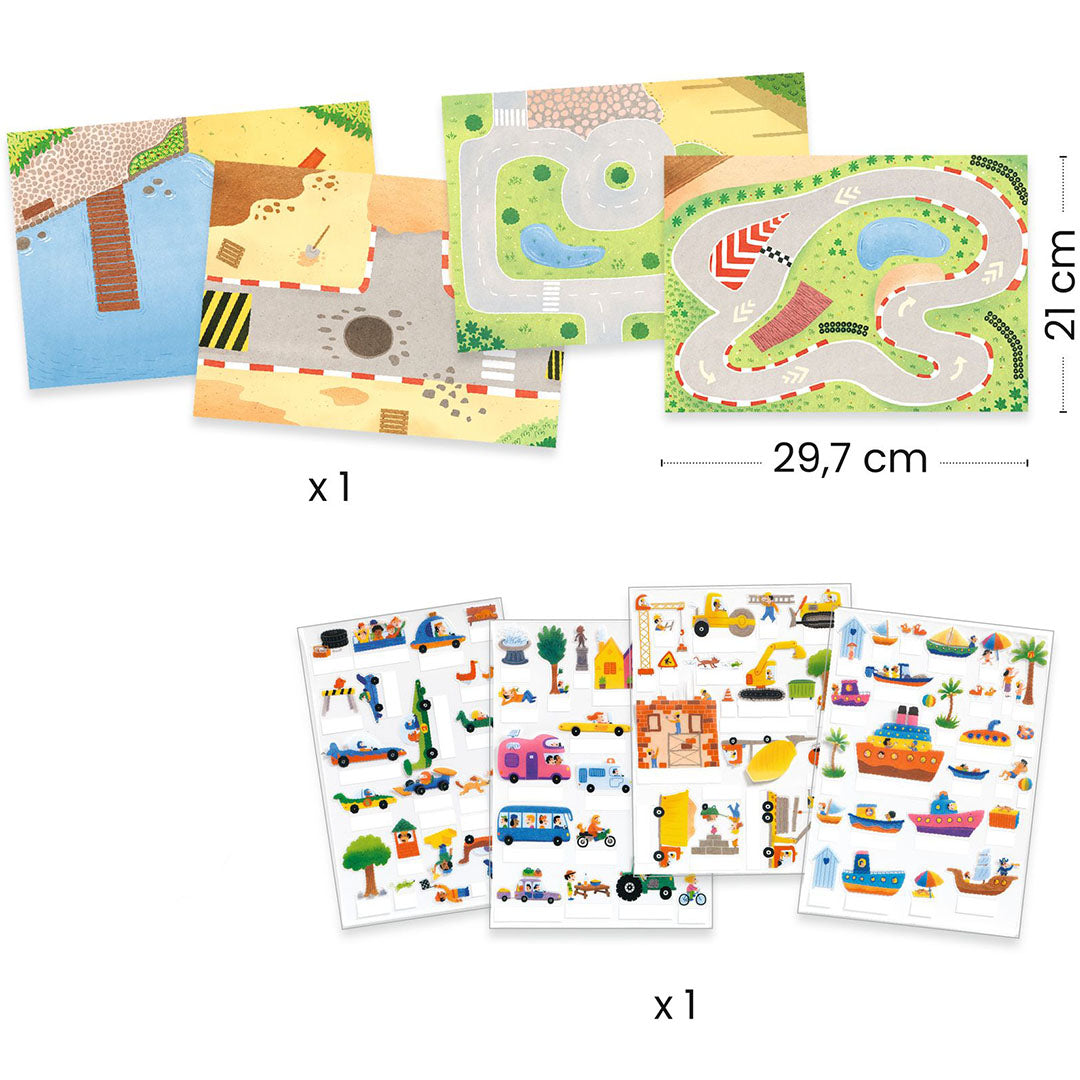 Infographic van de Djeco knutselset met afmetingen van de speelmatten en de vellen met herbruikbare 3D stickers.