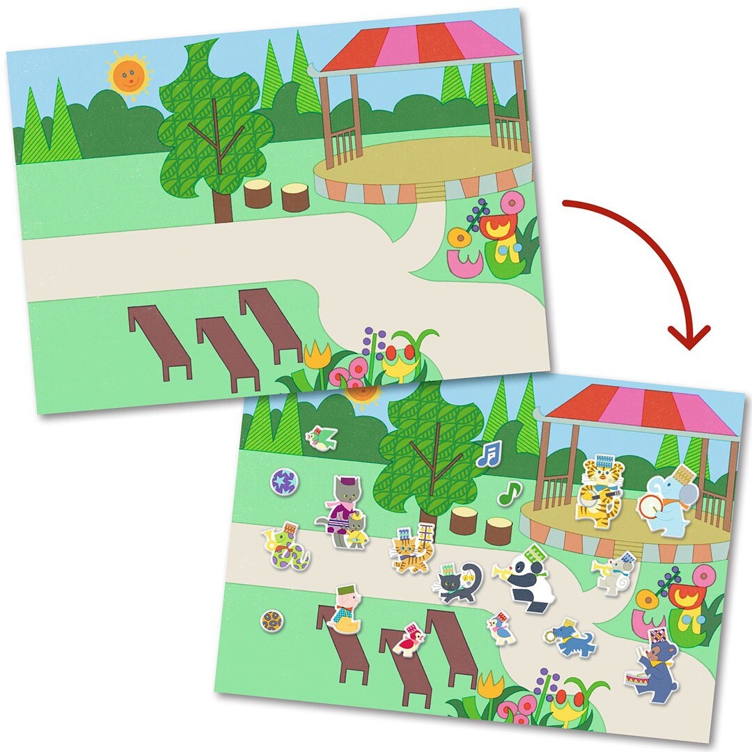 Twee scènes van de Djeco herbruikbare stickerset, met een lege parkscène bovenaan en dezelfde scène onderaan gevuld met de dierenfanfare.