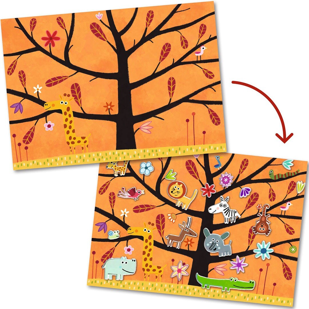 Demonstratie van de Djeco herbruikbare stickers op een oranje achtergrond met een boom, met voor en na het plaatsen van diverse dierenstickers.