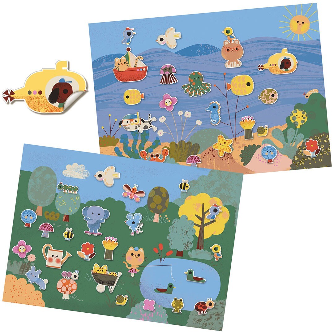 Djeco knutselset met twee achtergrondplaten, een onderwaterwereld en een landschap, vol met herbruikbare dieren- en voertuigstickers.