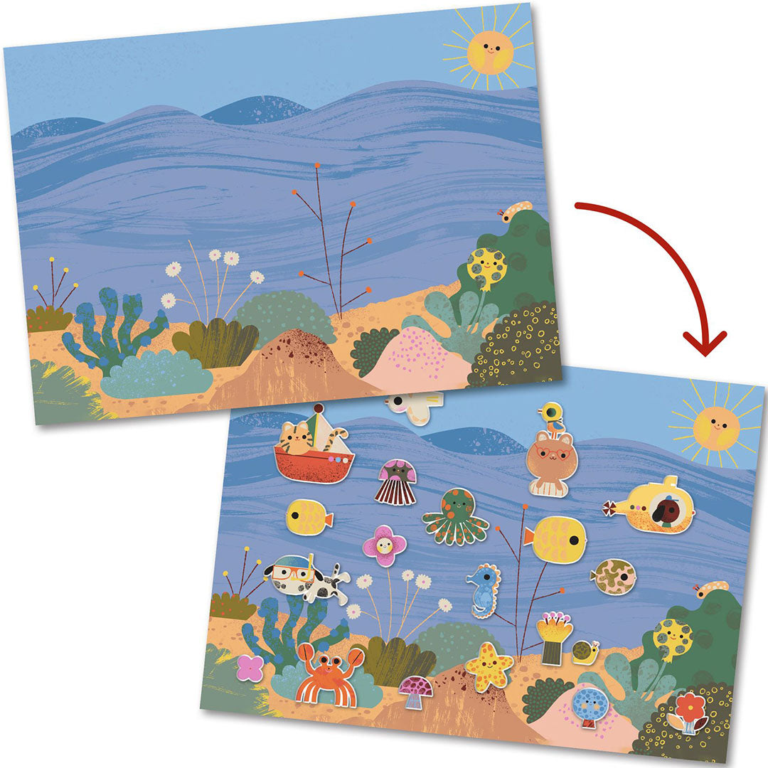 Djeco knutselset met herbruikbare stickers, waarbij een lege onderwaterachtergrond en dezelfde achtergrond met geplaatste stickers worden getoond.