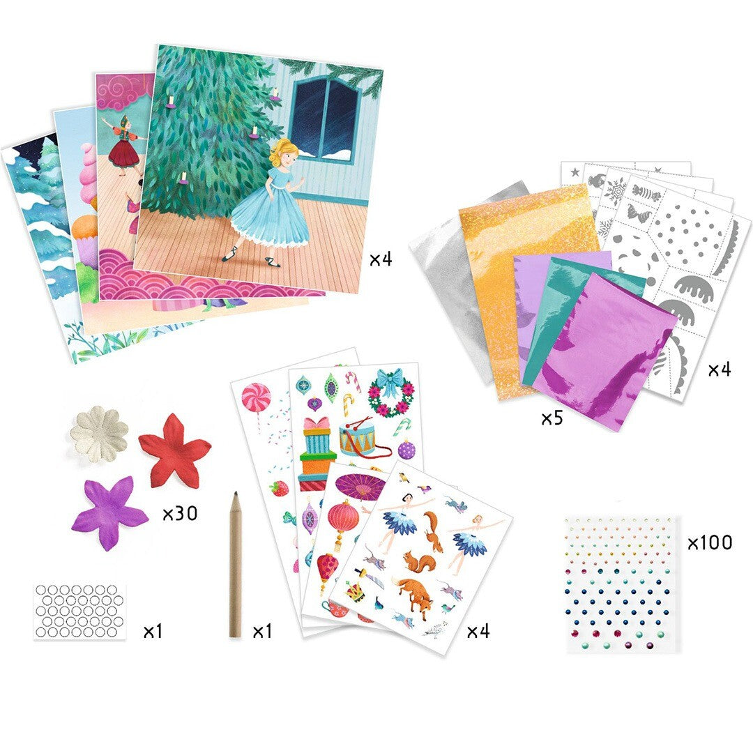 Alle onderdelen van de Djeco Notenkraker knutselset, inclusief kaarten, stickers, decoratiematerialen en een potlood.