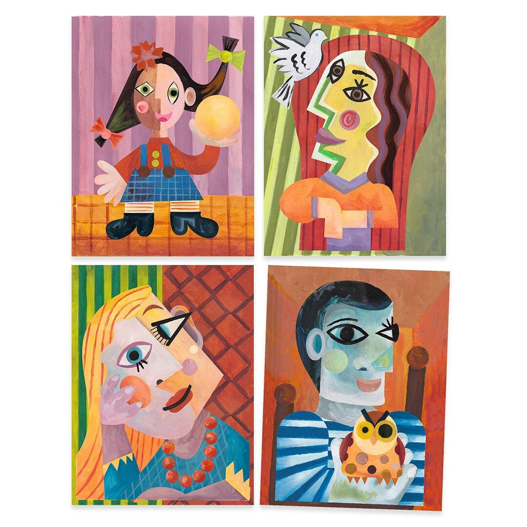 Vier voltooide knutselwerkjes met abstracte portretten in Picasso-stijl.