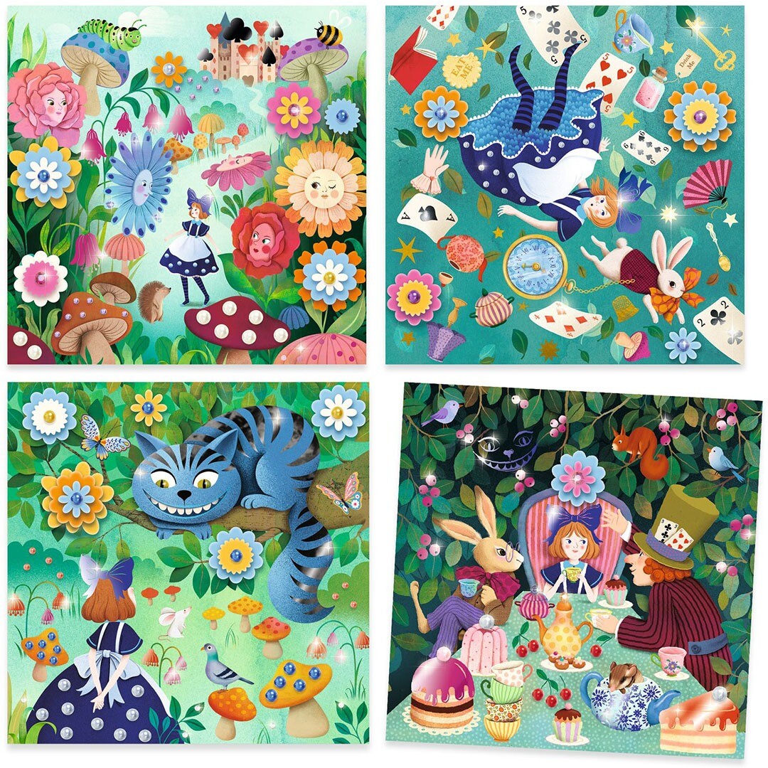 Vier versierde Djeco knutselkaarten met scènes uit Alice in Wonderland, waaronder een theekransje en de Cheshire Cat.
