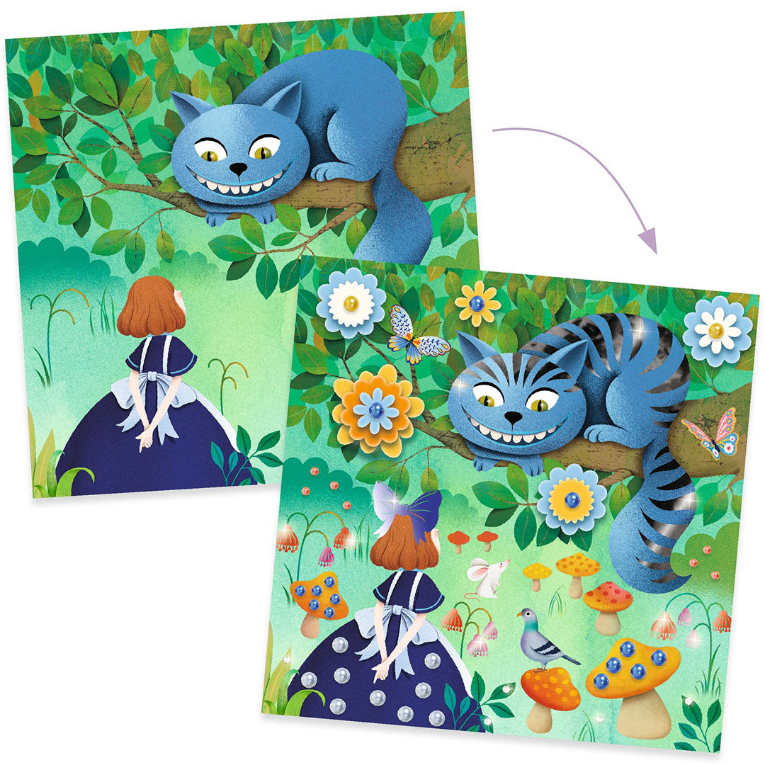 Demonstratie van de Djeco knutselset met een voor-en-na-beeld van een Alice in Wonderland-scène met de Cheshire Cat, versierd met glitters en steentjes.