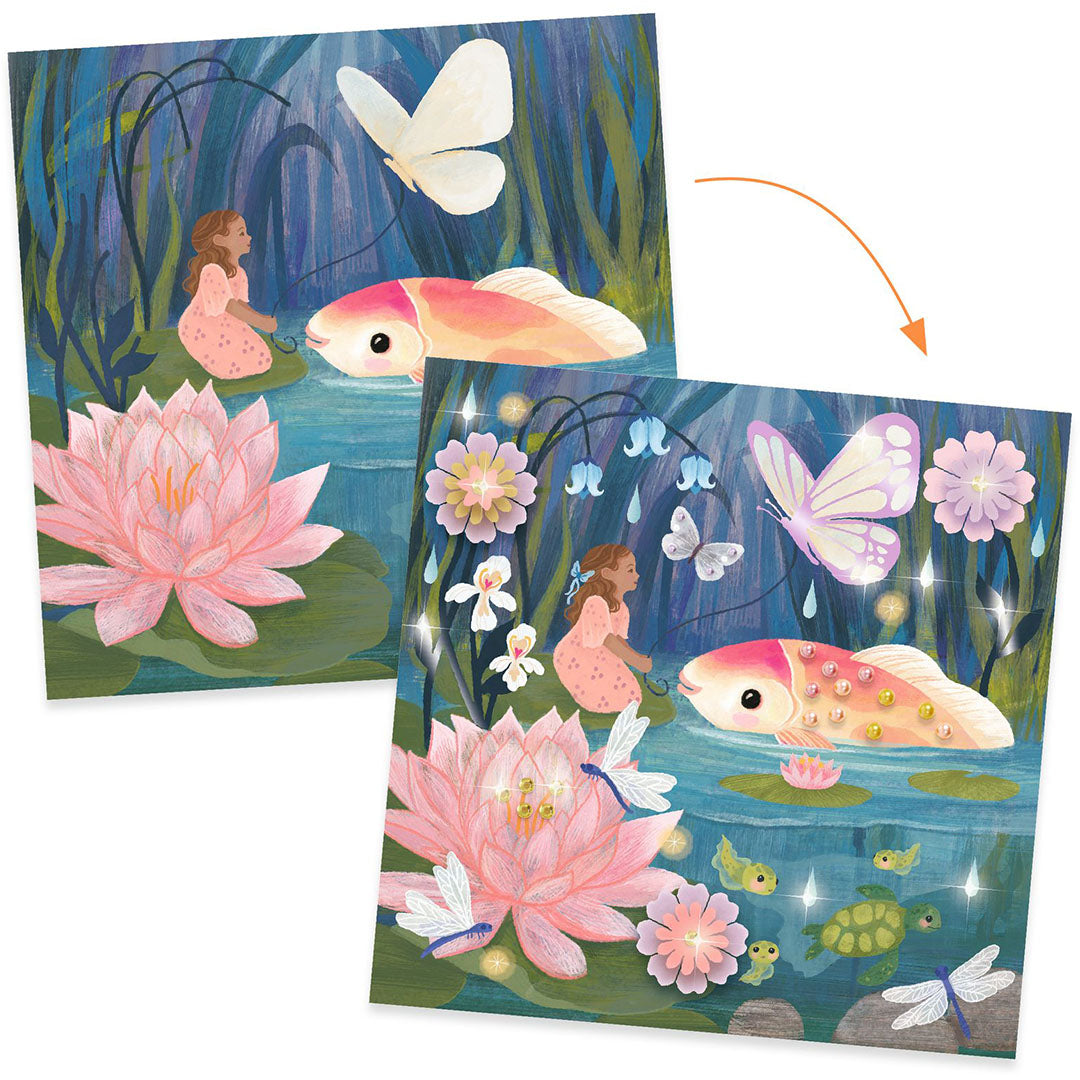 Demonstratie van een sprookjesachtig schilderij voor en na het versieren, met een meisje en een vis in het water.
