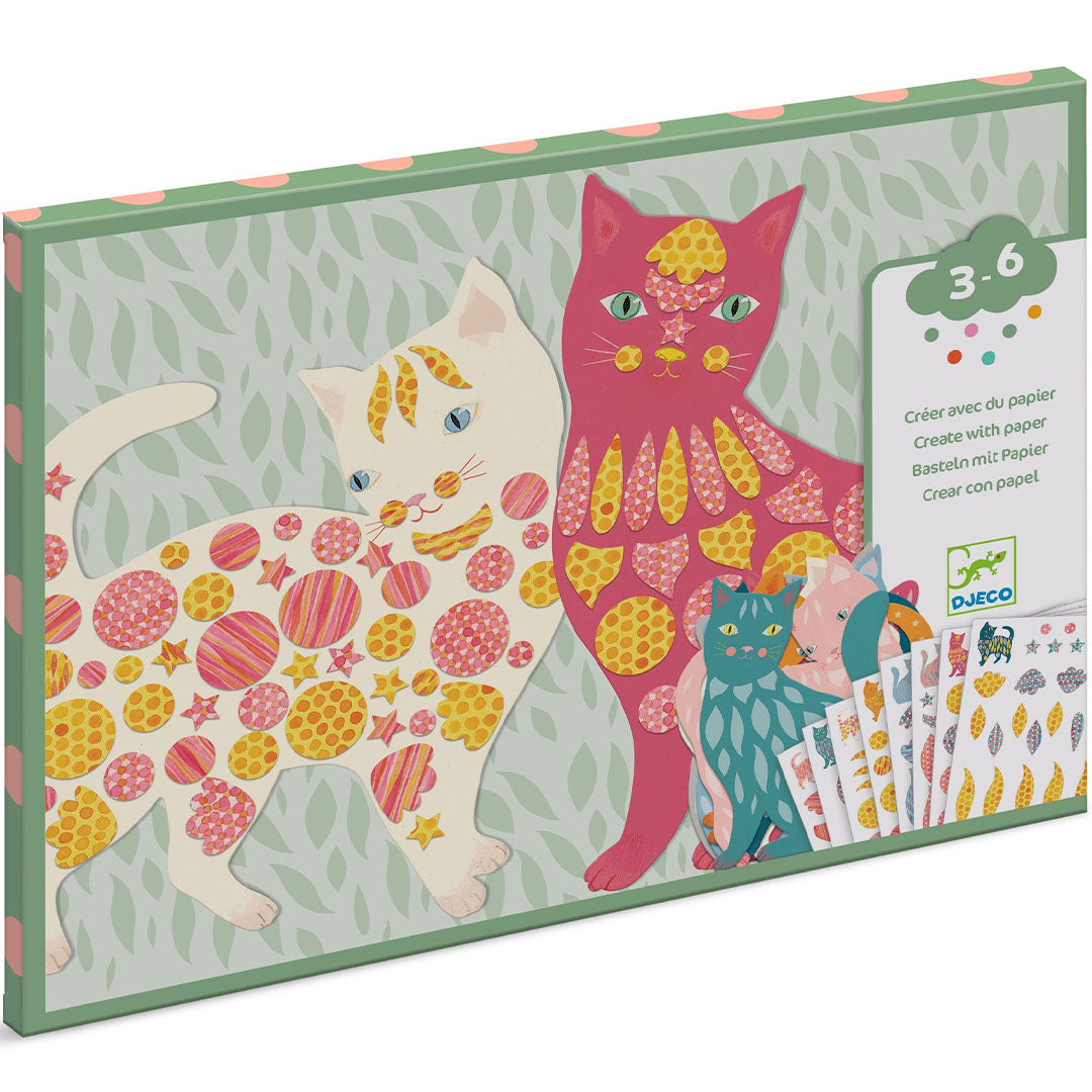 Djeco knutselset 'Cute Cats' verpakking met twee versierde katten en stickerpatronen.