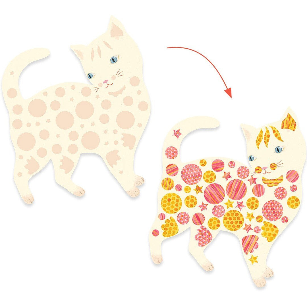Een witte kattenfiguur voor en na het versieren met kleurrijke stickers.