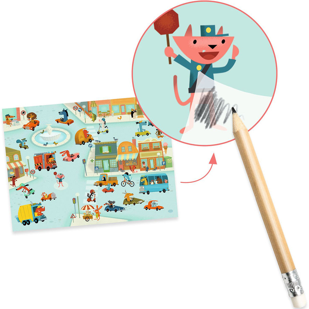 Djeco knutselset transferstickers demonstratie van een stadsscène met een potlood dat een kattenverkeersregelaar aanbrengt.