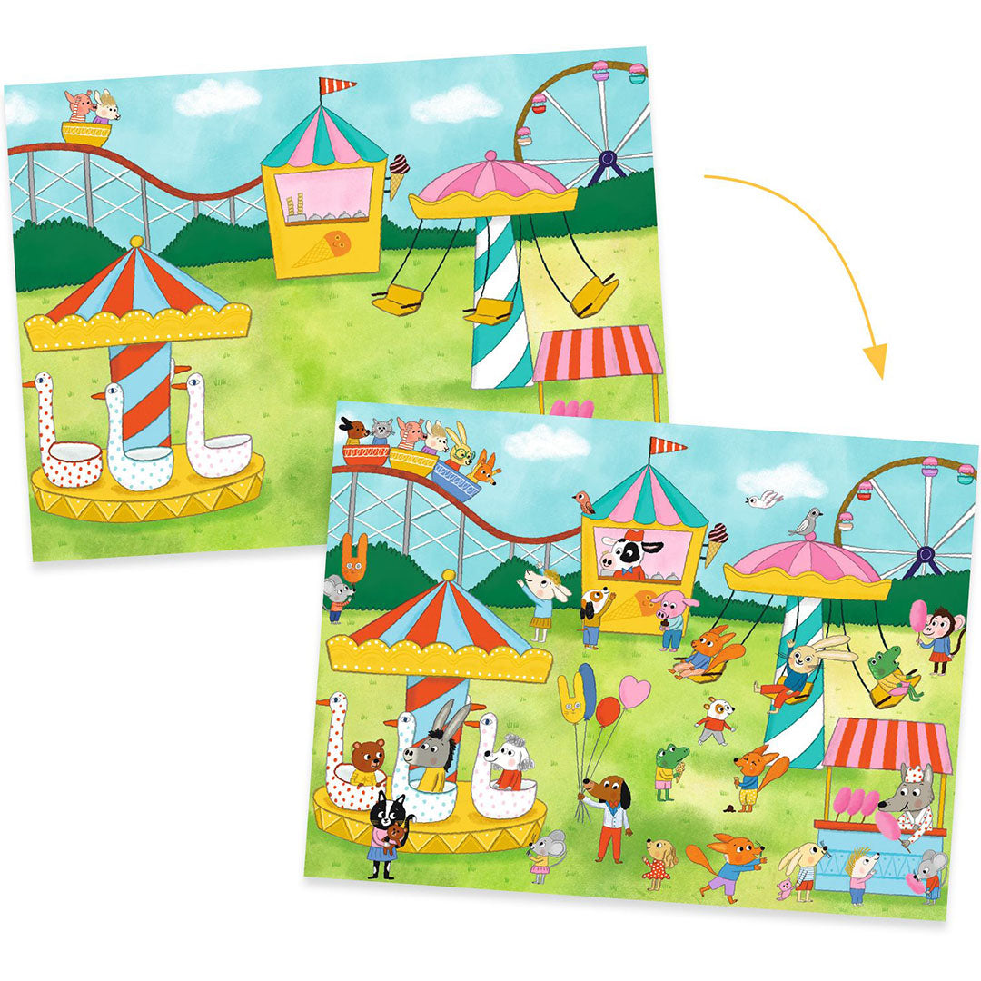 Twee voorbeelden van de Djeco transferstickers Party Time, met een lege en een gevulde kermisachtergrond met dieren.