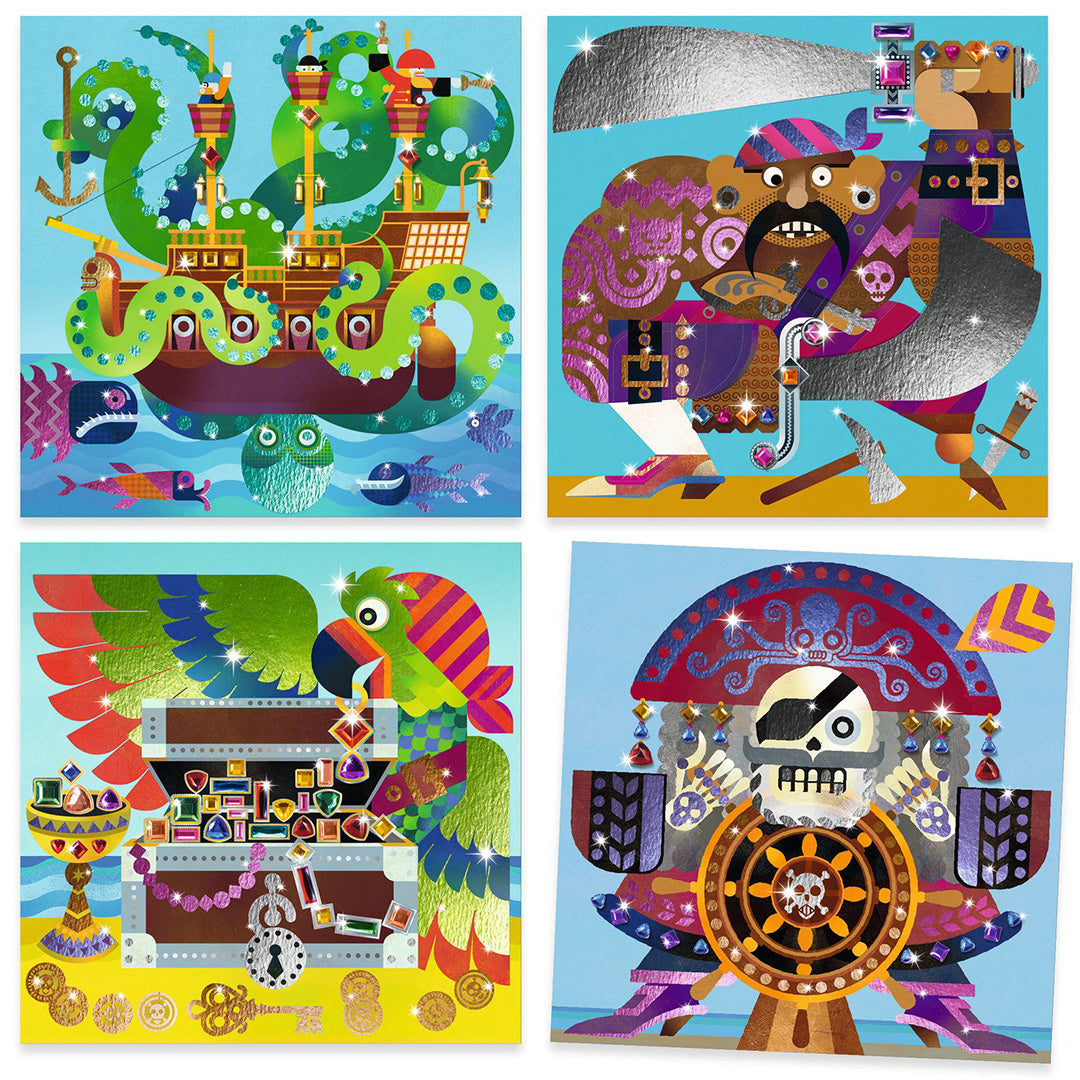 Vier voltooide Djeco knutselwerken met piratenthema, waaronder een schip met octopus, een piraat, een papegaai en een piratenschedel.