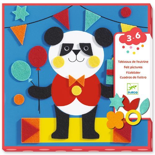 De verpakking van de Djeco knutselset viltschilderijtjes met een panda in feestthema.