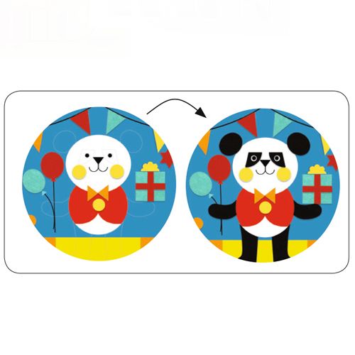 Infographic van de Djeco knutselset die de transformatie van een pandafiguur met feestthema toont.