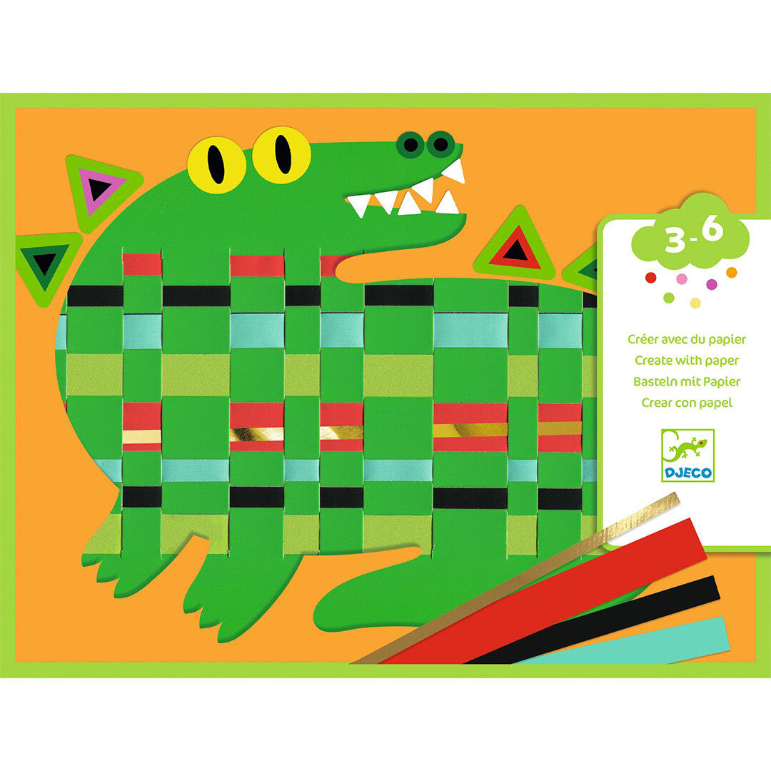 Djeco knutselset met een gevlochten papieren krokodil en losse stroken papier.