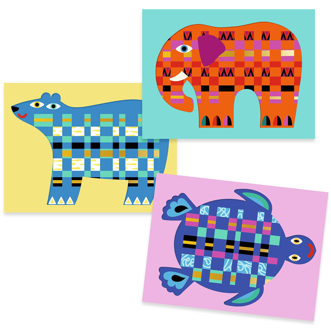 Drie voorbeelden van de Djeco knutselset met gevlochten papieren dieren: een ijsbeer, een olifant en een schildpad.