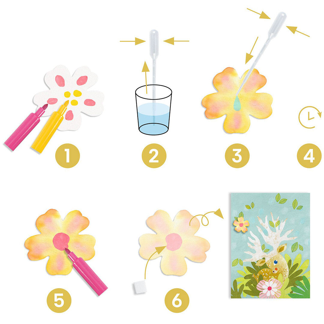 Infographic met zes stappen voor het maken van de vloeipapier knutselbloemen.