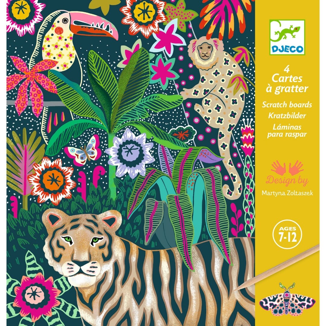 Djeco kraskaarten verpakking met een kleurrijke jungle-illustratie van een tijger, toekan en aap.