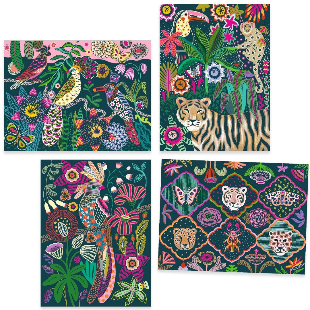 Vier afgewerkte Djeco kraskaarten met gedetailleerde en kleurrijke jungle-illustraties van dieren en bloemen.