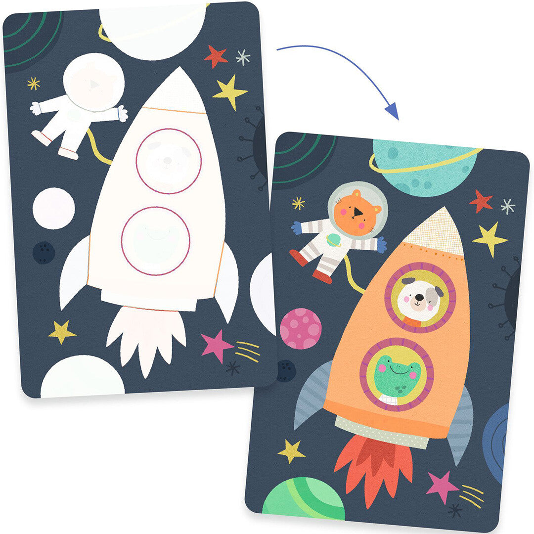 Twee Djeco magische kleurplaten die het effect tonen van een raket en astronaut in de ruimte, voor en na het kleuren.
