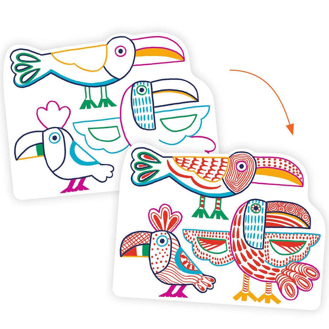 Demonstratie van Djeco magische kleurplaten met vogels, van oningekleurd naar ingekleurd.