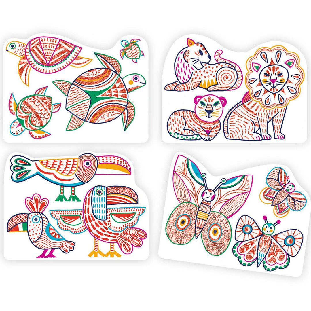 Collectie van Djeco magische kleurplaten met kleurrijke dieren zoals schildpadden, leeuwen, vogels en vlinders.