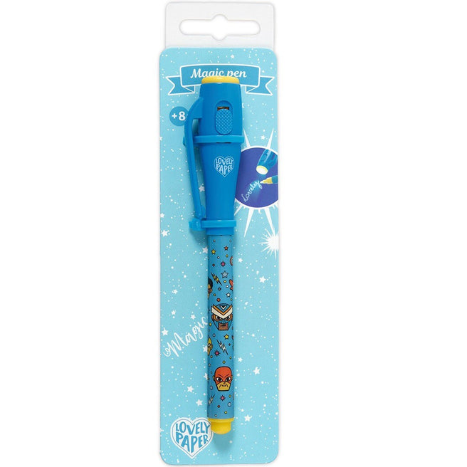 Djeco magische pen met superheldenfiguren en sterren, in de verpakking.